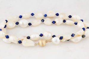 BESPOKE BAROQUE PEARL & LAPIS LAZULI NECKLACE 14ct GOLD