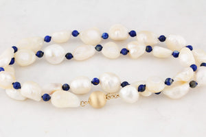 BESPOKE BAROQUE PEARL & LAPIS LAZULI NECKLACE 14ct GOLD