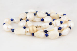BESPOKE BAROQUE PEARL & LAPIS LAZULI NECKLACE 14ct GOLD