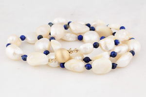 BESPOKE BAROQUE PEARL & LAPIS LAZULI NECKLACE 14ct GOLD