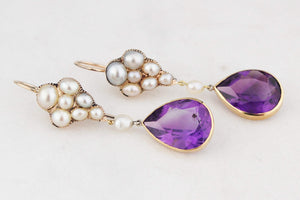 ANTIQUE VICTORIAN c1880 NATURAL PEARL & AMETHYST EARRINGS 18ct GOLD