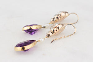 ANTIQUE VICTORIAN c1880 NATURAL PEARL & AMETHYST EARRINGS 18ct GOLD