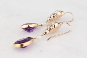 ANTIQUE VICTORIAN c1880 NATURAL PEARL & AMETHYST EARRINGS 18ct GOLD