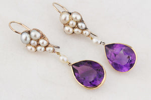 ANTIQUE VICTORIAN c1880 NATURAL PEARL & AMETHYST EARRINGS 18ct GOLD