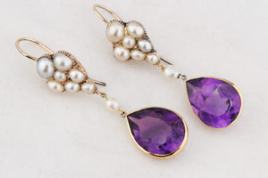 ANTIQUE VICTORIAN c1880 NATURAL PEARL & AMETHYST EARRINGS 18ct GOLD