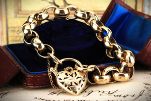 ANTIQUE 37.54g ROLLO LINK BRACELET WITH FILIGREE HEART PADLOCK  9ct GOLD