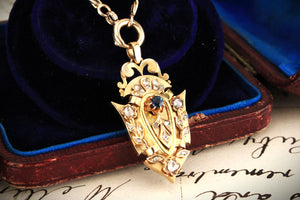 VICTORIAN SAPPHIRE & DIAMOND SHIELD PENDANT 18ct YELLOW GOLD