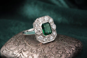 ART DECO c1920 EMERALD & DIAMOND RING 18ct GOLD