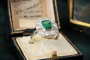 ART DECO c1920 EMERALD & DIAMOND RING 18ct GOLD
