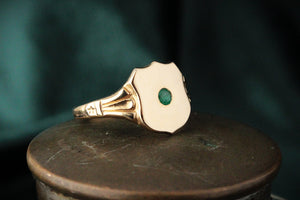 CUSTOM R&V EMERALD SHIELD SIGNET RING 9ct GOLD