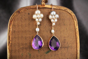 ANTIQUE VICTORIAN c1880 NATURAL PEARL & AMETHYST EARRINGS 18ct GOLD