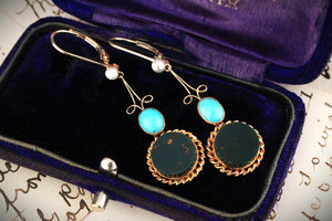 ANTIQUE PEARL TURQUOISE & BLOODSTONE EARRINGS 9ct GOLD