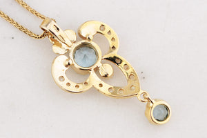 VINTAGE ANTIQUE REVIVAL AQUAMARINE & SPLIT PEARL PENDANT 9ct GOLD