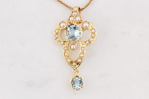 VINTAGE ANTIQUE REVIVAL AQUAMARINE & SPLIT PEARL PENDANT 9ct GOLD