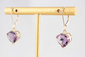 VINTAGE 6.60ct AMETHYST HEART EARRINGS 9ct GOLD
