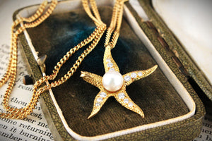 VINTAGE DIAMOND & PEARL STARFISH PENDANT 18ct GOLD WITH 9ct CHAIN