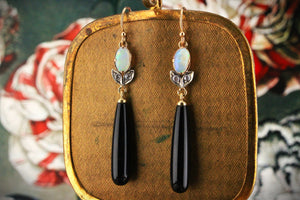 BESPOKE OPAL DIAMOND & ONYX EARRINGS 9ct GOLD