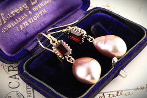BESPOKE GARNET & PINK BAROQUE PEARL EARRINGS 9ct GOLD