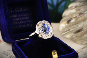 ANTIQUE ART DECO CEYLON SAPPHIRE & DIAMOND RING 18ct GOLD