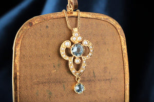 VINTAGE ANTIQUE REVIVAL AQUAMARINE & SPLIT PEARL PENDANT 9ct GOLD