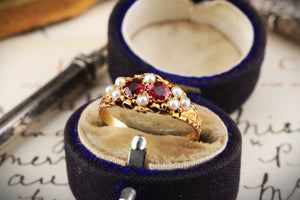 ANTIQUE VICTORIAN 1866 GARNET & PEARL RING 18ct GOLD