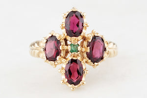 MID-CENTURY EMERALD & GARNET RING 9ct GOLD