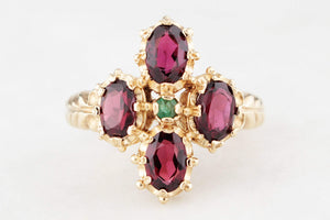MID-CENTURY EMERALD & GARNET RING 9ct GOLD