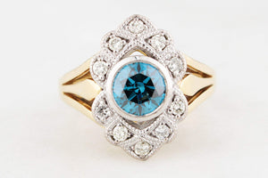 VINTAGE BLUE & WHITE DIAMOND RING 18ct GOLD