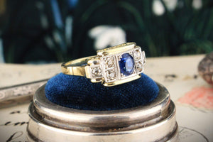 ANTIQUE ART DECO CEYLON SAPPHIRE & DIAMOND RING 14ct GOLD