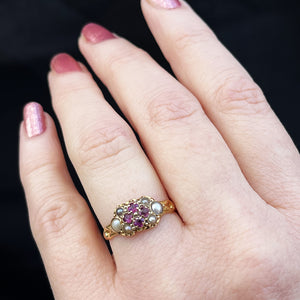 ANTIQUE VICTORIAN 1867 RUBY & SEED PEARL RING 18ct GOLD