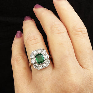 ART DECO c1920 EMERALD & DIAMOND RING 18ct GOLD