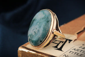 VINTAGE MID-CENTURY MOSS AGATE COCKTAIL RING 9ct GOLD