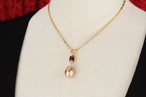 BESPOKE GARNET & BAROQUE PEARL PENDANT  9CT GOLD
