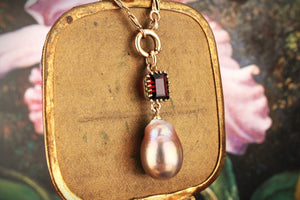 BESPOKE GARNET & BAROQUE PEARL PENDANT 9CT GOLD