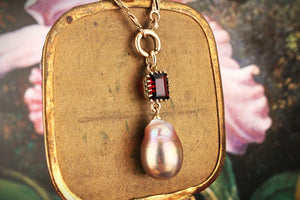 BESPOKE GARNET & BAROQUE PEARL PENDANT  9CT GOLD
