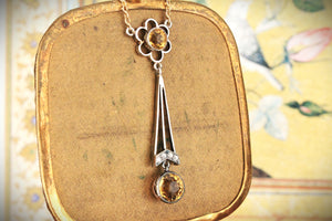 EDWARDIAN CITRINE & DIAMOND LAVALIERE SILVER & 9ct GOLD