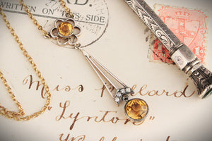 EDWARDIAN CITRINE & DIAMOND LAVALIERE SILVER & 9ct GOLD