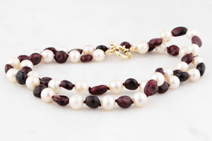 BESPOKE PEARL & GARNET NECKLACE 9ct GOLD