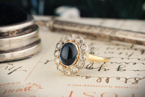 ANTIQUE EDWARDIAN CABOCHON SAPPHIRE & DIAMOND HALO RING 18ct GOLD