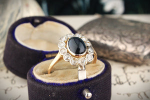 ANTIQUE EDWARDIAN CABOCHON SAPPHIRE & DIAMOND HALO RING 18ct GOLD