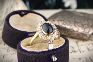 ANTIQUE EDWARDIAN CABOCHON SAPPHIRE & DIAMOND HALO RING 18ct GOLD