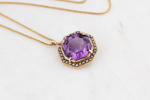 ANTIQUE VICTORIAN AMETHYST & SEED PEARL PENDANT 9ct GOLD