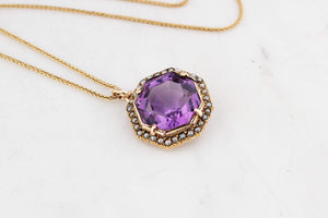 ANTIQUE VICTORIAN AMETHYST & SEED PEARL PENDANT 9ct GOLD