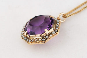 ANTIQUE VICTORIAN AMETHYST & SEED PEARL PENDANT 9ct GOLD