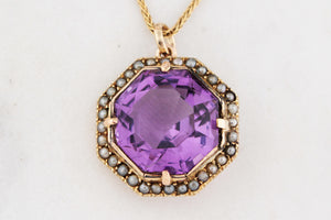 ANTIQUE VICTORIAN AMETHYST & SEED PEARL PENDANT 9ct GOLD