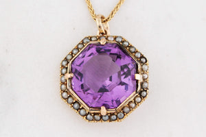 ANTIQUE VICTORIAN AMETHYST & SEED PEARL PENDANT 9ct GOLD