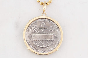 SILVER FRENCH MARITIME MEDAL PENDANT DIAMOND & 9ct GOLD