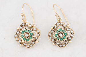 ANTIQUE EDWARDIAN EMERALD & SEED PEARL EARRINGS 9ct GOLD