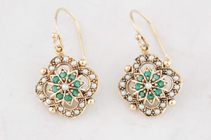 ANTIQUE EDWARDIAN EMERALD & SEED PEARL EARRINGS 9ct GOLD