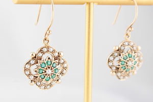 ANTIQUE EDWARDIAN EMERALD & SEED PEARL EARRINGS 9ct GOLD